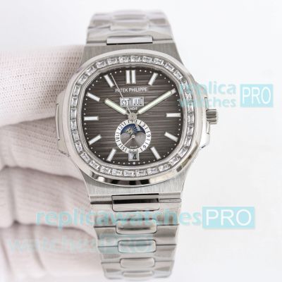 TWF 1-1 Swiss Replica V2 Patek Philippe Nautilus 5726 Grey Dial Diamond Calendar Steel Watch 